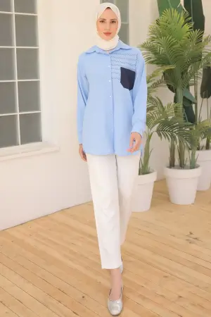 2061 Nakış Detaylı Cepli Gömlek Açık Mavi
