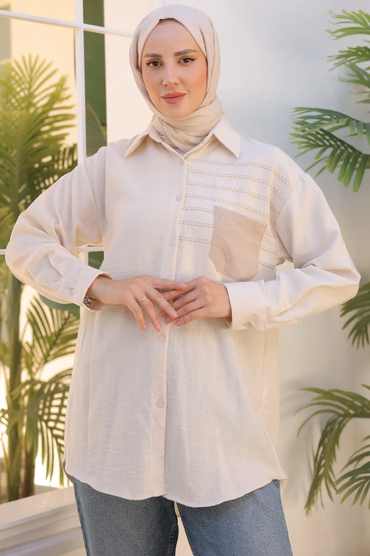 2061 Nakış Detaylı Cepli Gömlek Bej-detail