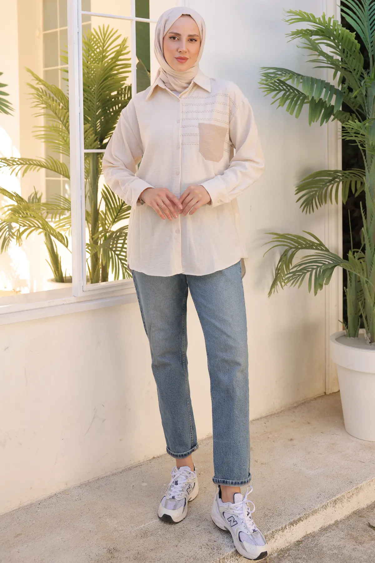 2061 Nakış Detaylı Cepli Gömlek Bej-detail