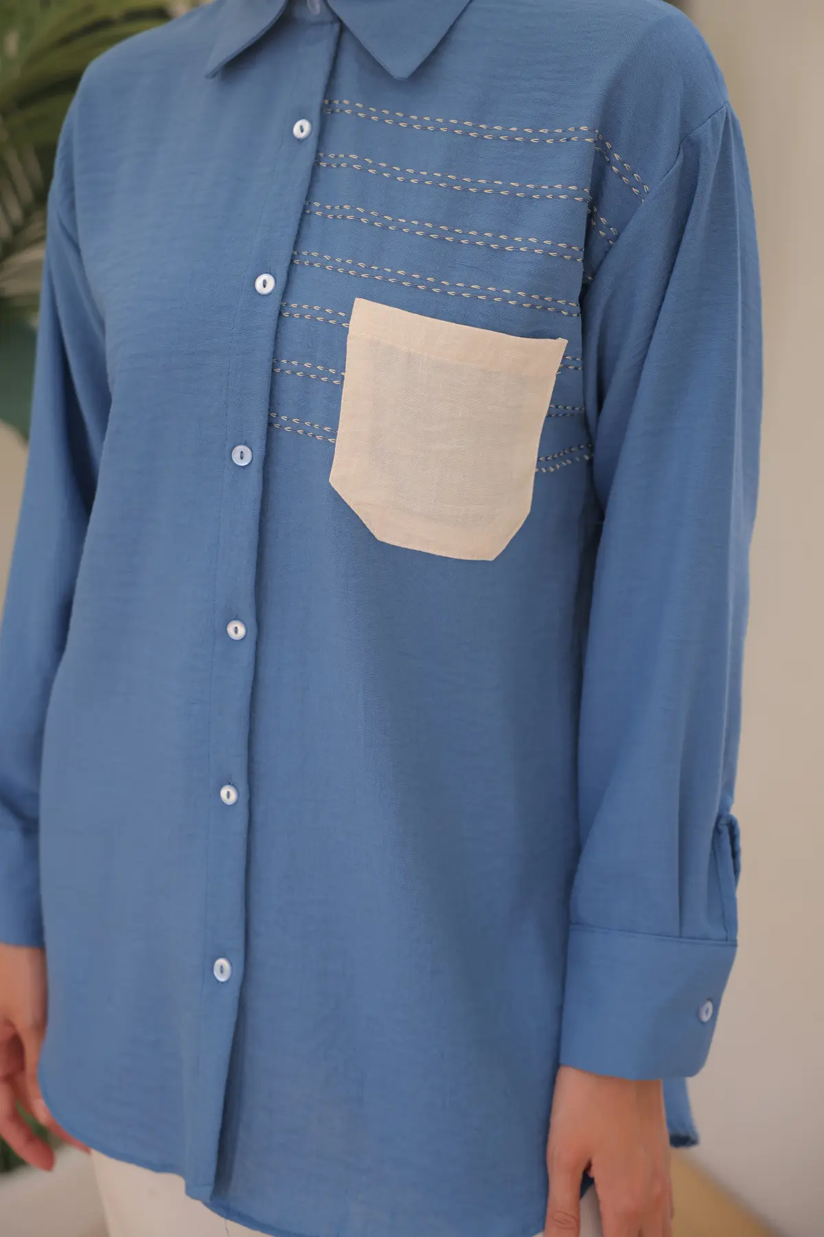 2061 Nakış Detaylı Cepli Gömlek İndigo-detail