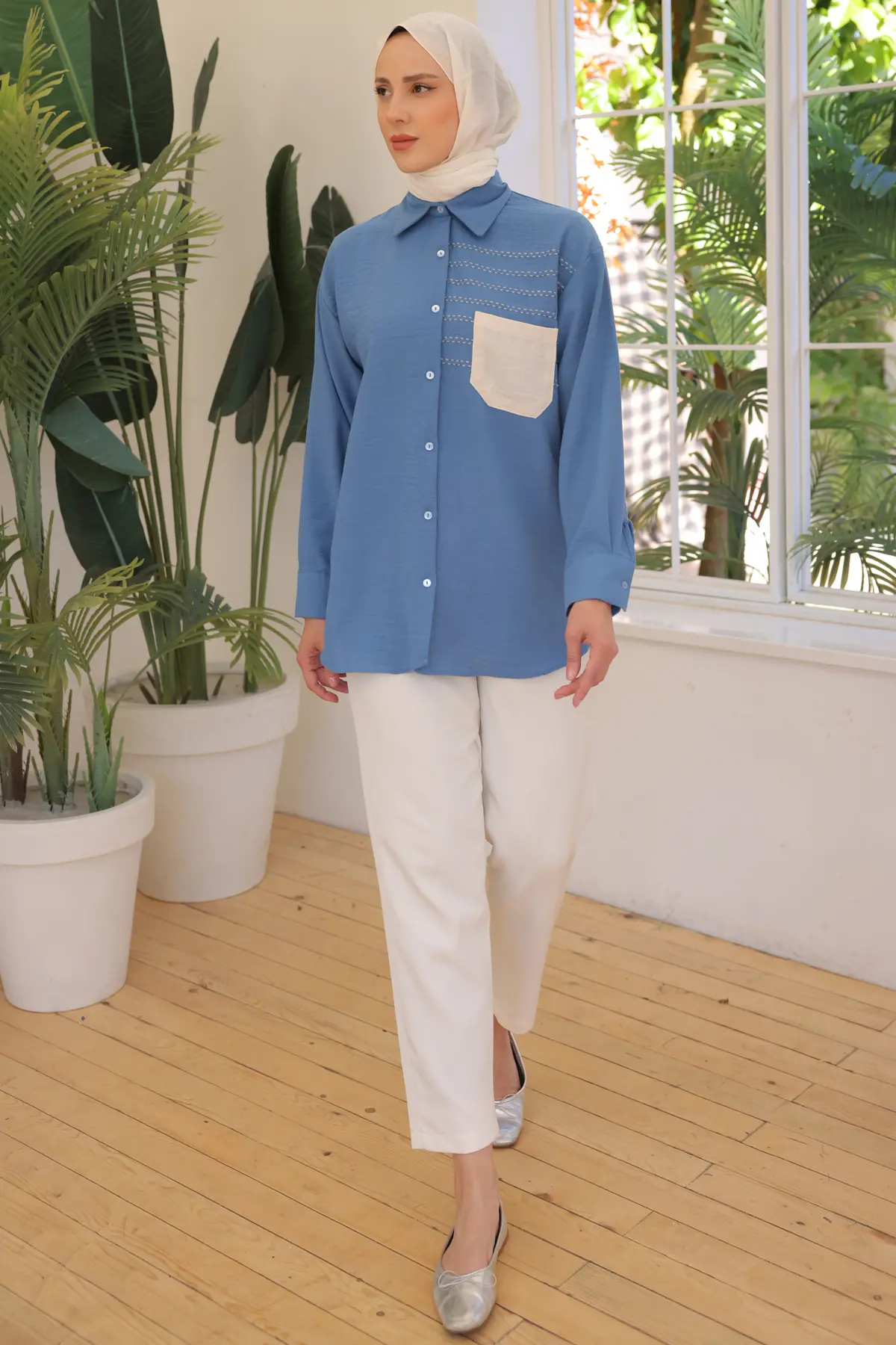 2061 Nakış Detaylı Cepli Gömlek İndigo-detail