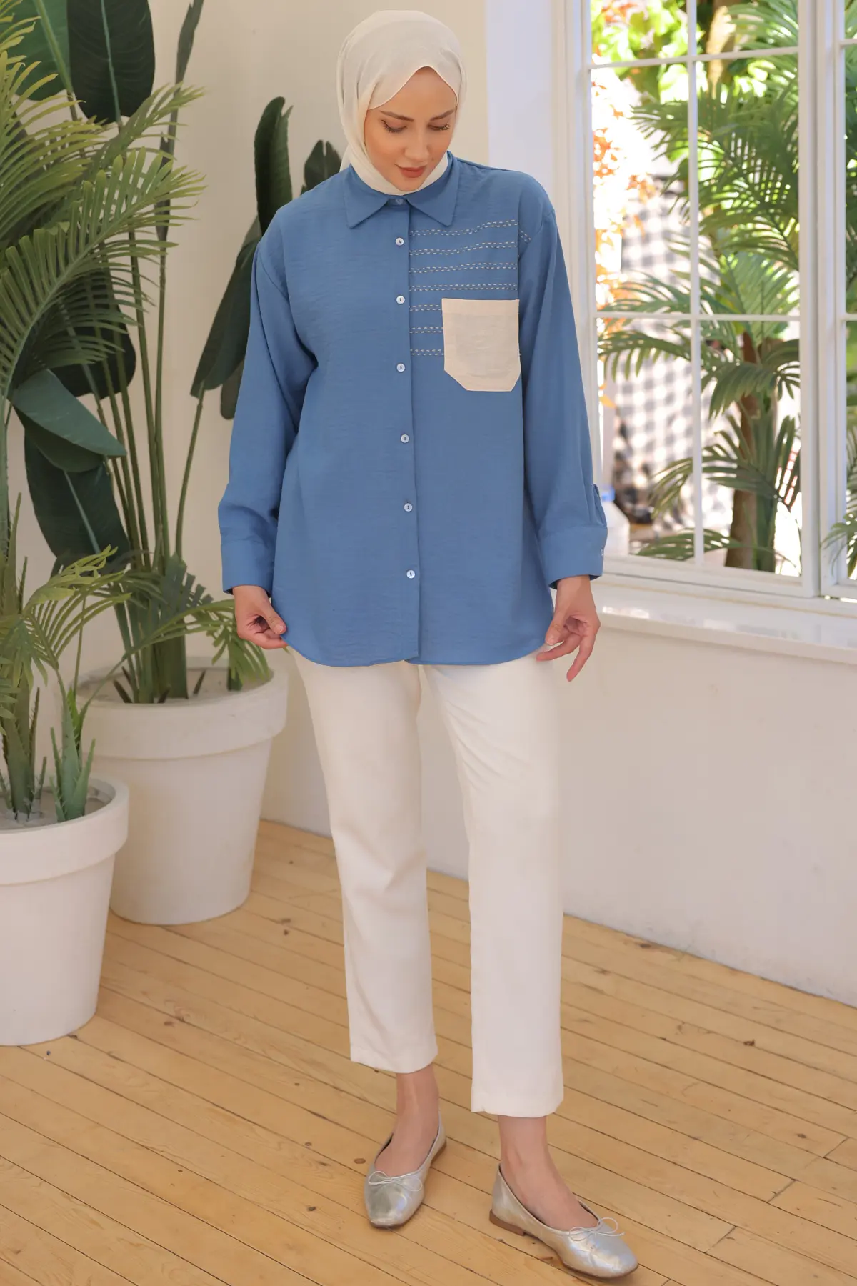 2061 Nakış Detaylı Cepli Gömlek İndigo-detail