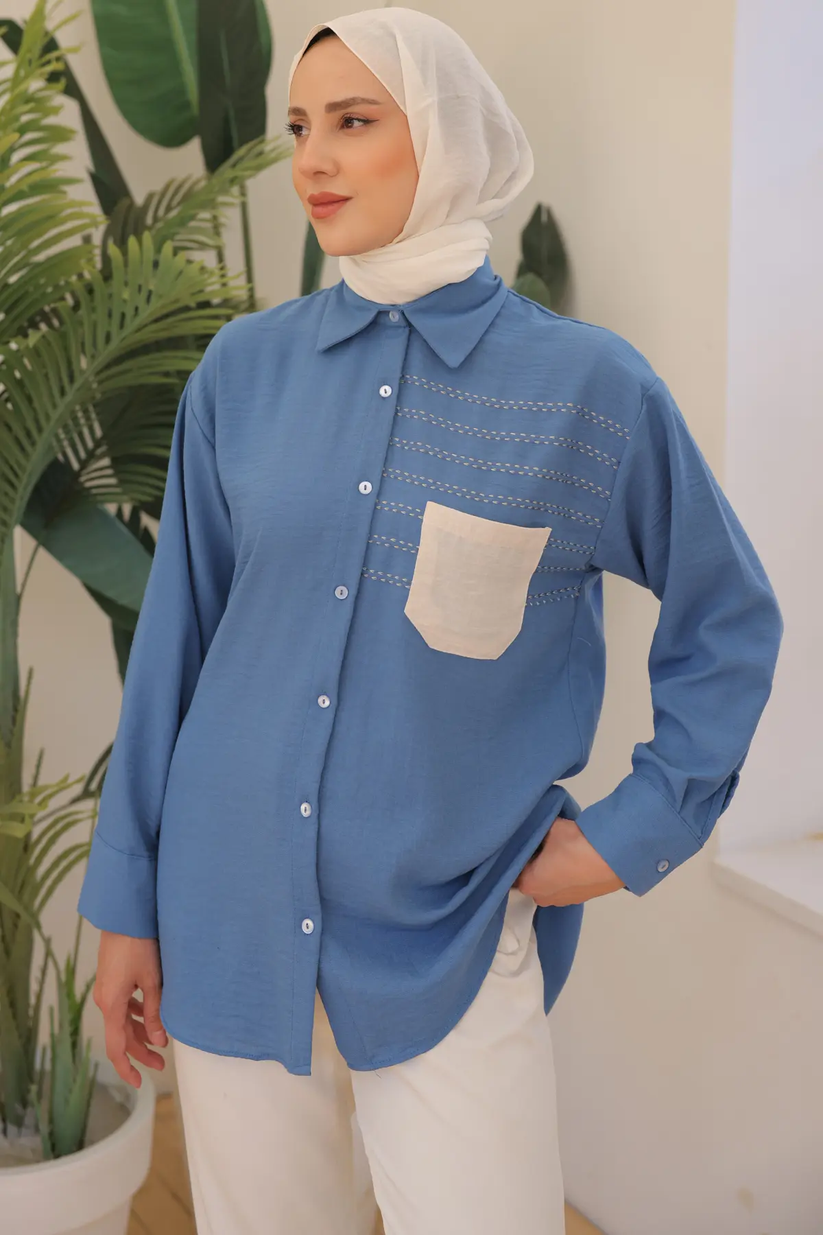 2061 Nakış Detaylı Cepli Gömlek İndigo-detail