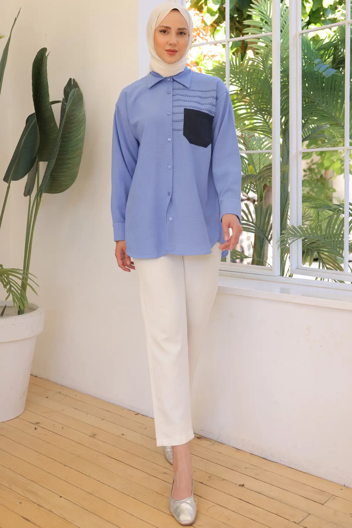 2061 Nakış Detaylı Cepli Gömlek Koyu Mavi-detail