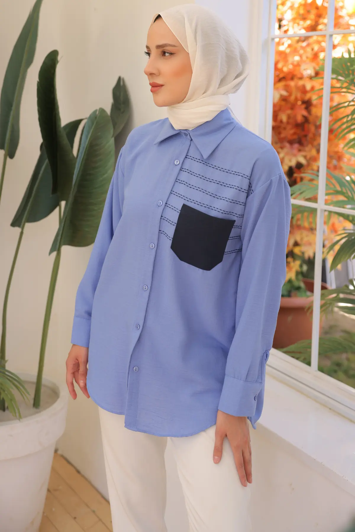 2061 Nakış Detaylı Cepli Gömlek Koyu Mavi-detail