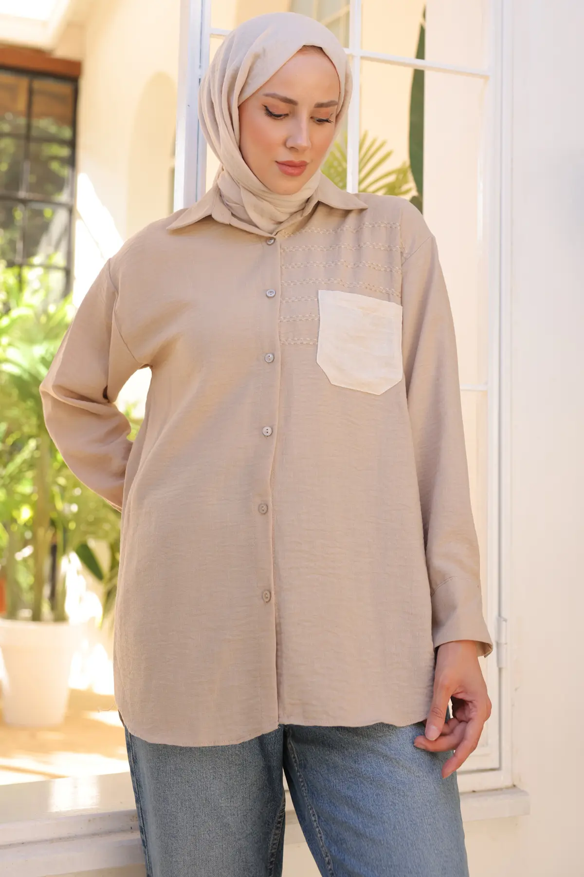 2061 Nakış Detaylı Cepli Gömlek Vizon-detail