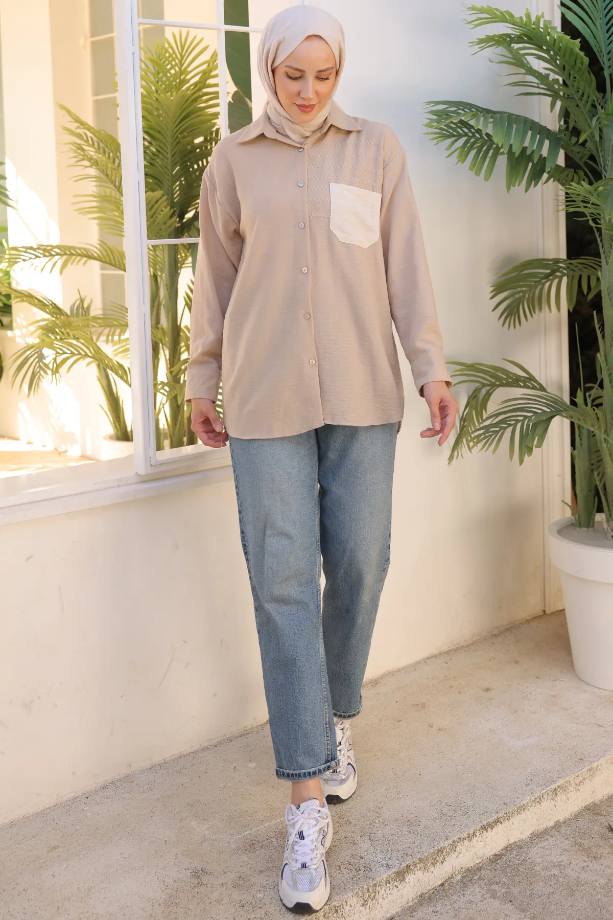 2061 Nakış Detaylı Cepli Gömlek Vizon-detail