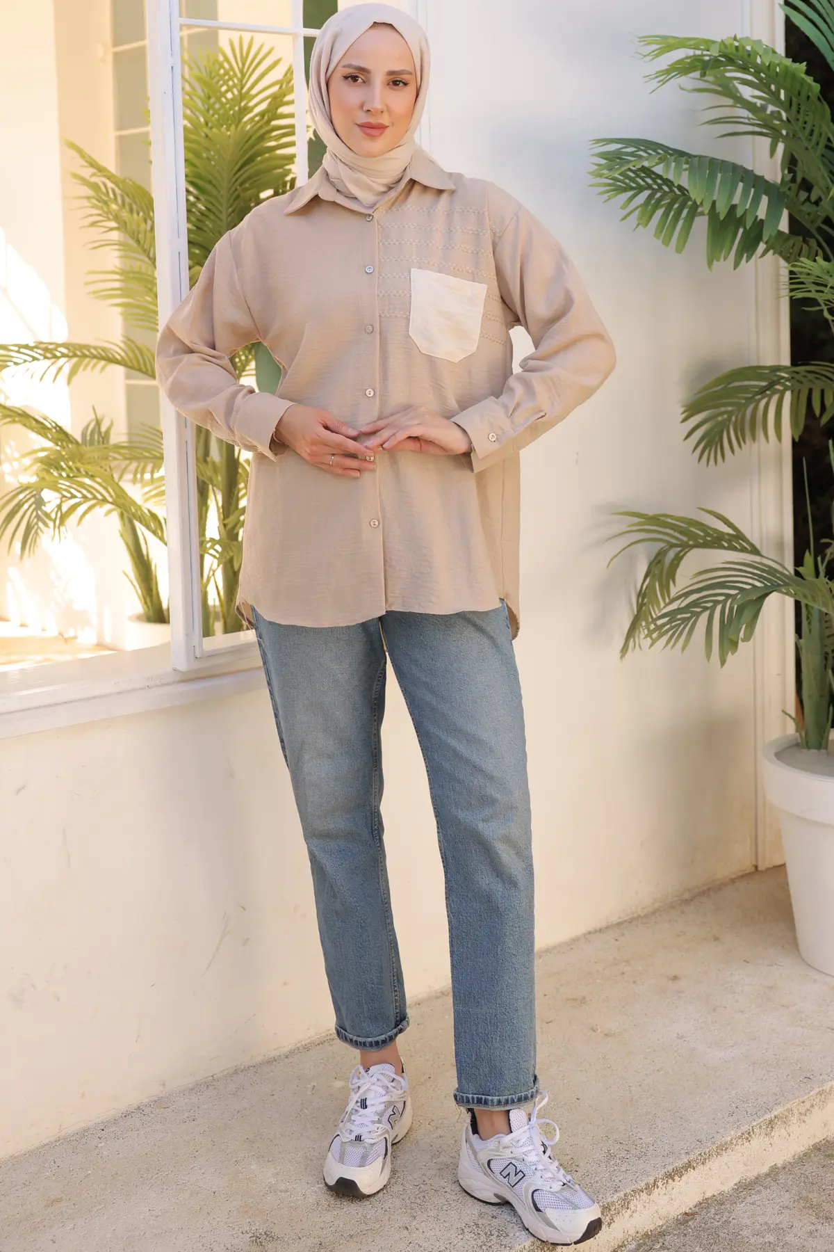 2061 Nakış Detaylı Cepli Gömlek Vizon-detail