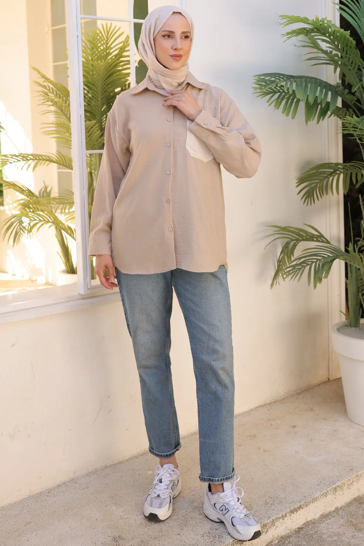 2061 Nakış Detaylı Cepli Gömlek Vizon-detail