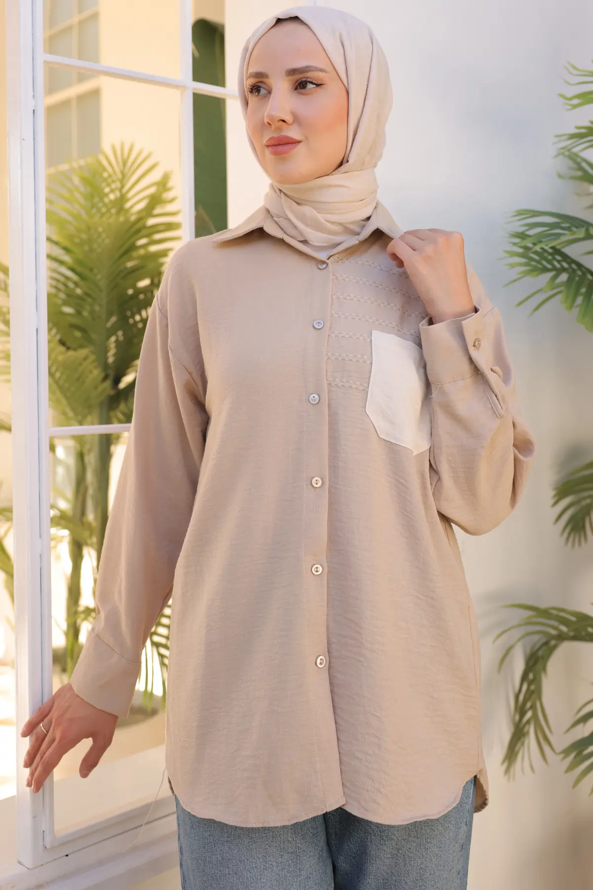 2061 Nakış Detaylı Cepli Gömlek Vizon-detail