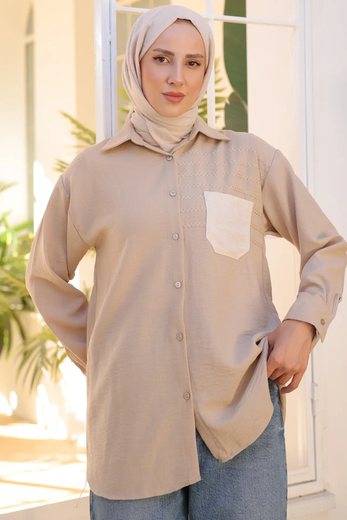 2061 Nakış Detaylı Cepli Gömlek Vizon-detail