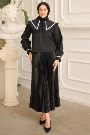 2066 Geniş Yaka Kısa Gömlek Siyah