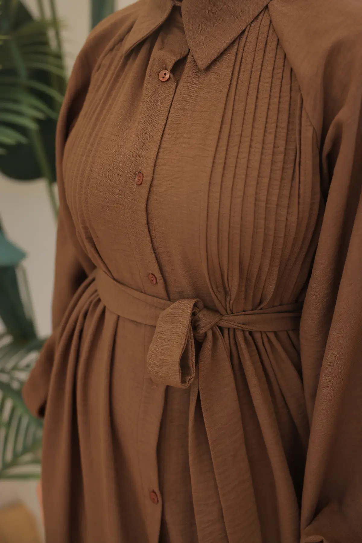 2073 Nervürlü Elbise Kahverengi-detail
