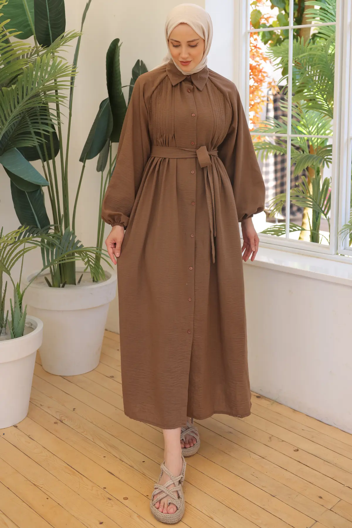2073 Nervürlü Elbise Kahverengi-detail