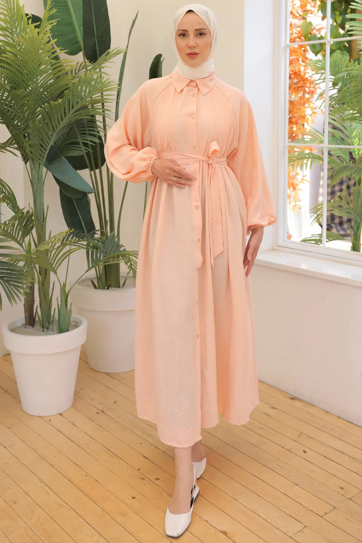 2073 Nervürlü Elbise Somon-detail