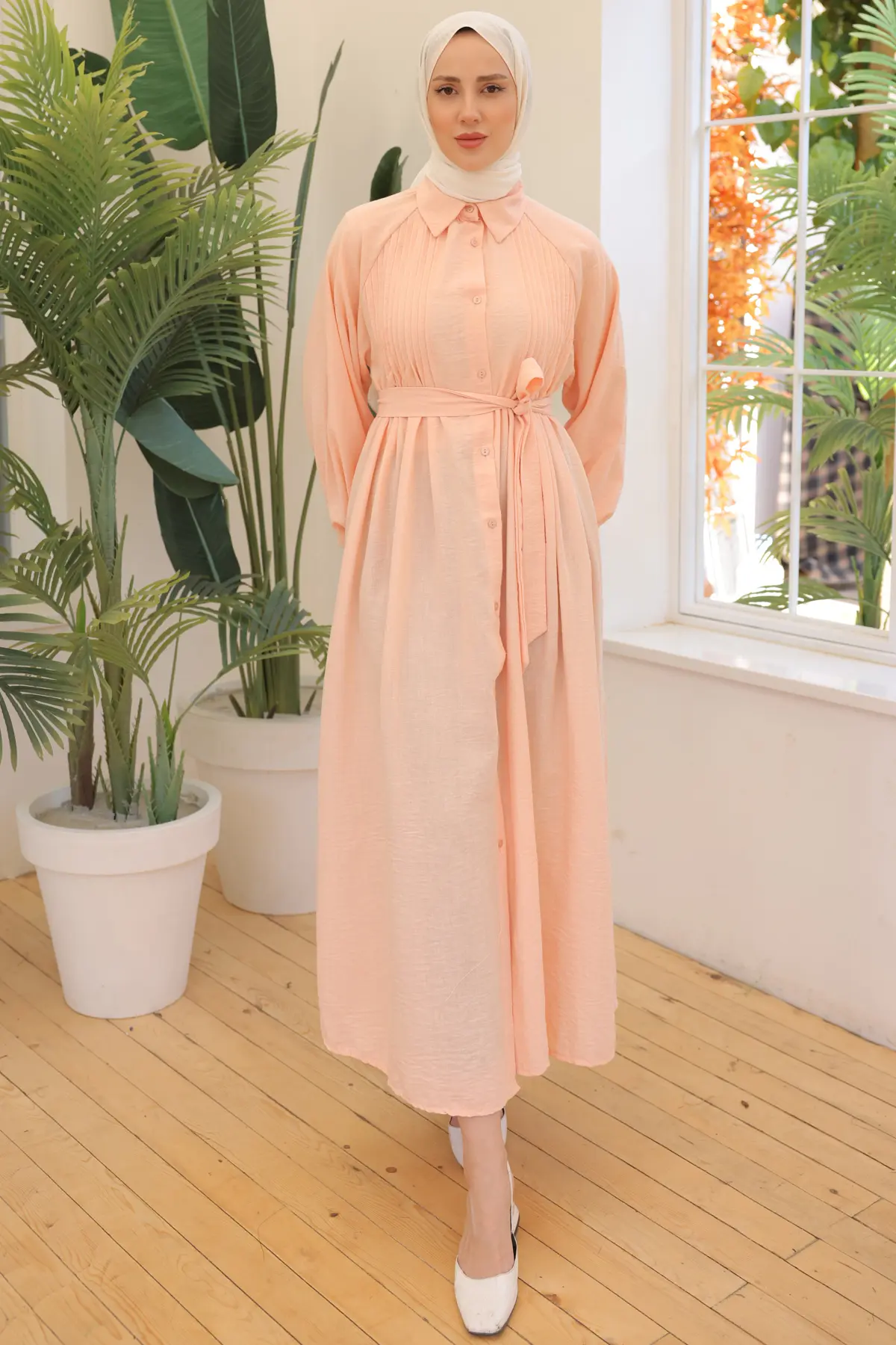 2073 Nervürlü Elbise Somon-detail