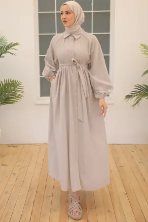 2073 Nervürlü Elbise Vizon