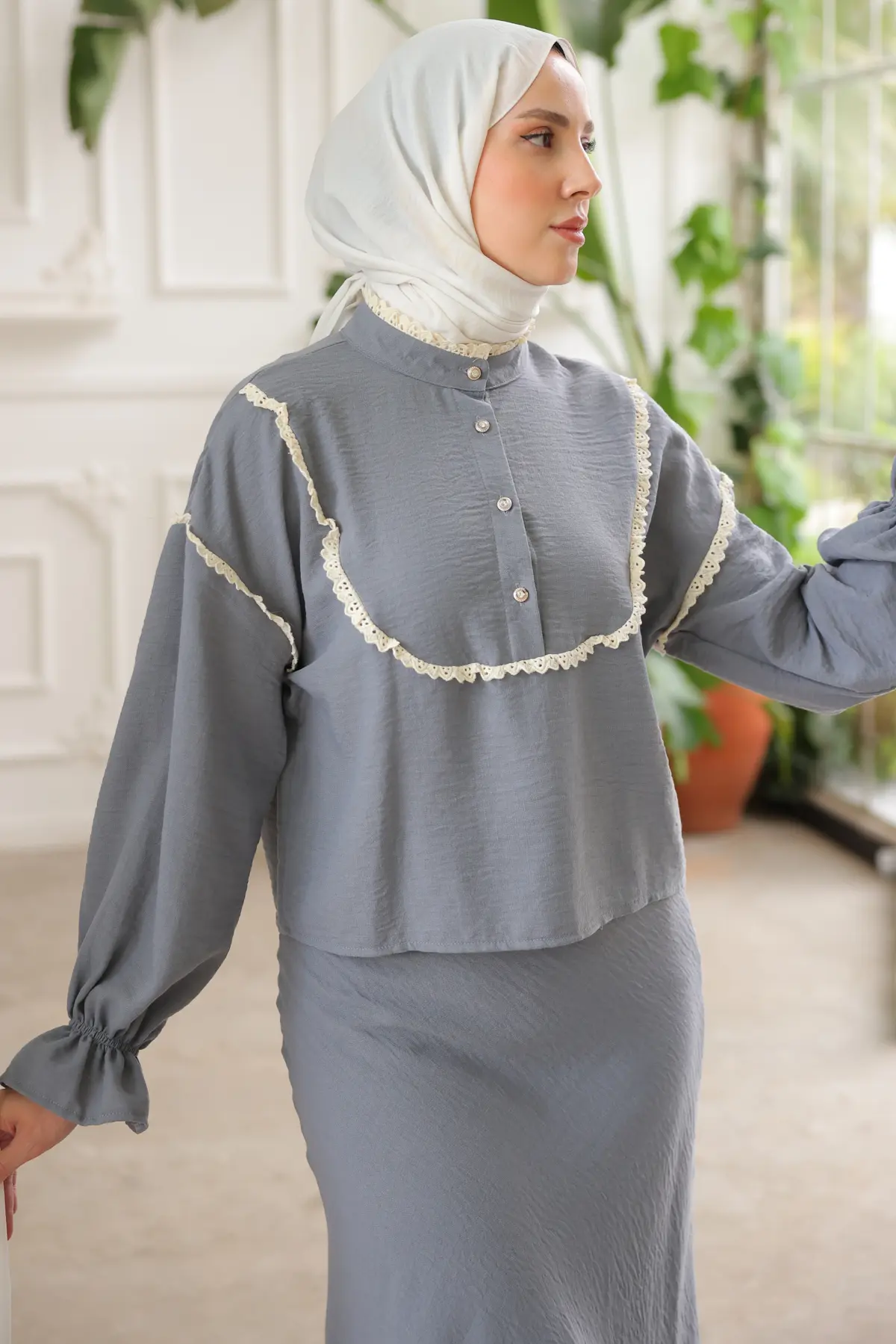 2078 Yakası Örgü Detaylı İkili Takım Gri-detail