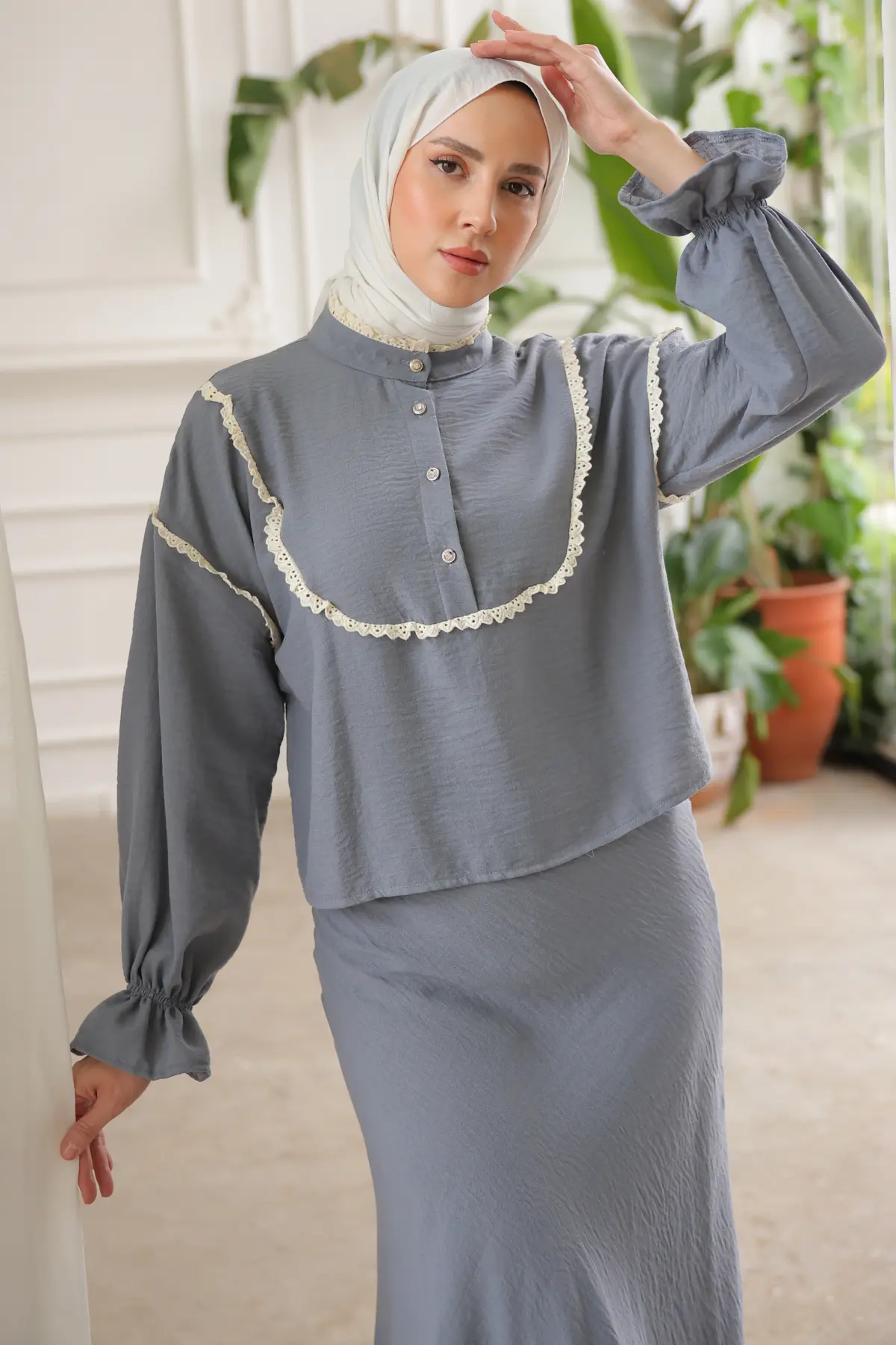 2078 Yakası Örgü Detaylı İkili Takım Gri-detail