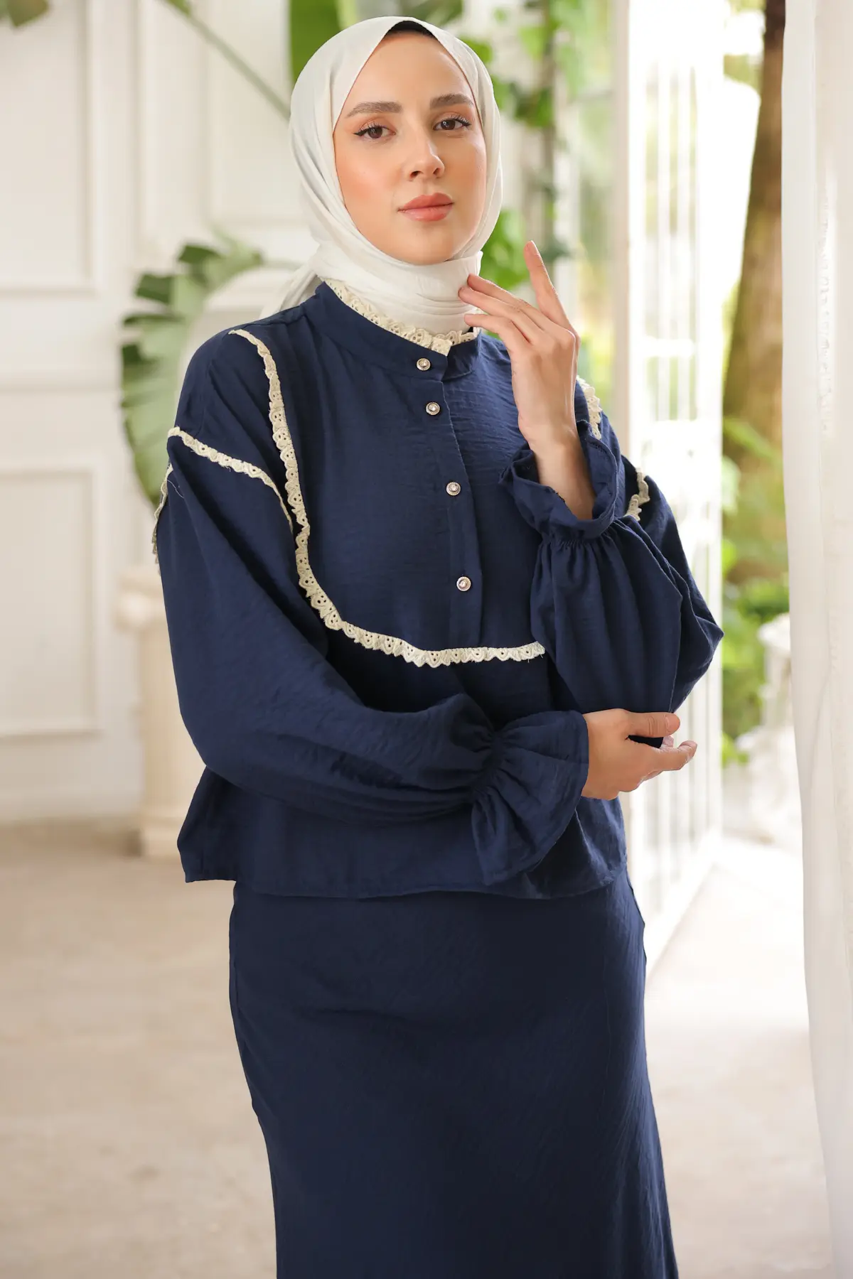 2078 Yakası Örgü Detaylı İkili Takım Lacivert-detail