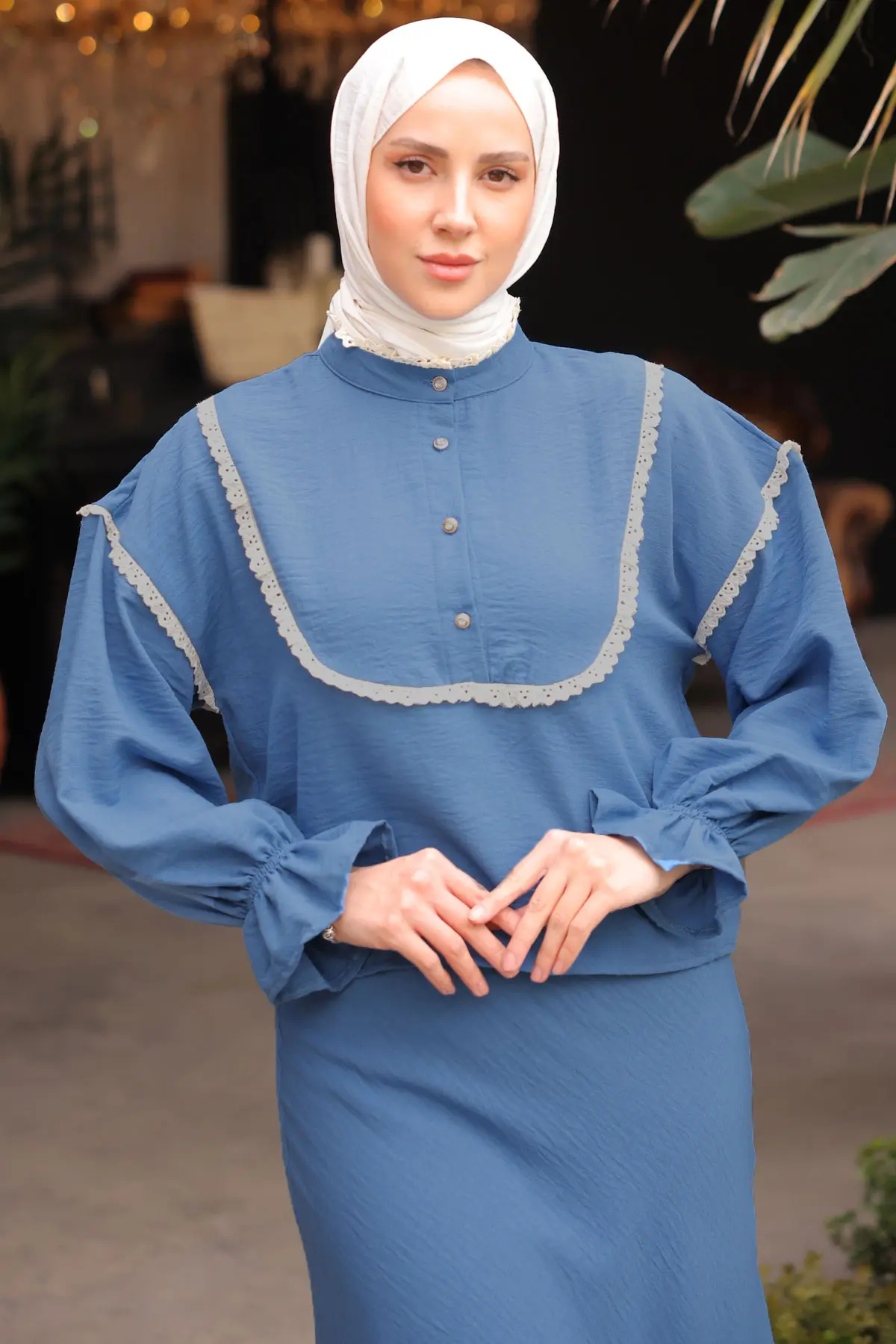 2078 Yakası Örgü Detaylı İkili Takım Mavi-detail