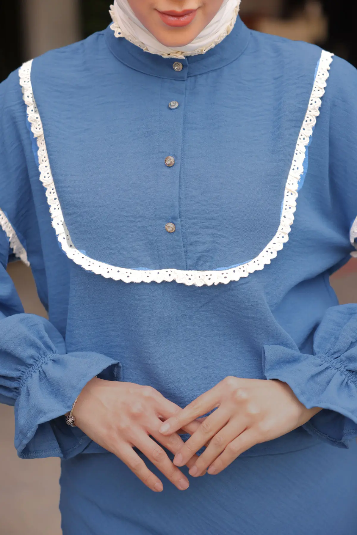 2078 Yakası Örgü Detaylı İkili Takım Mavi-detail