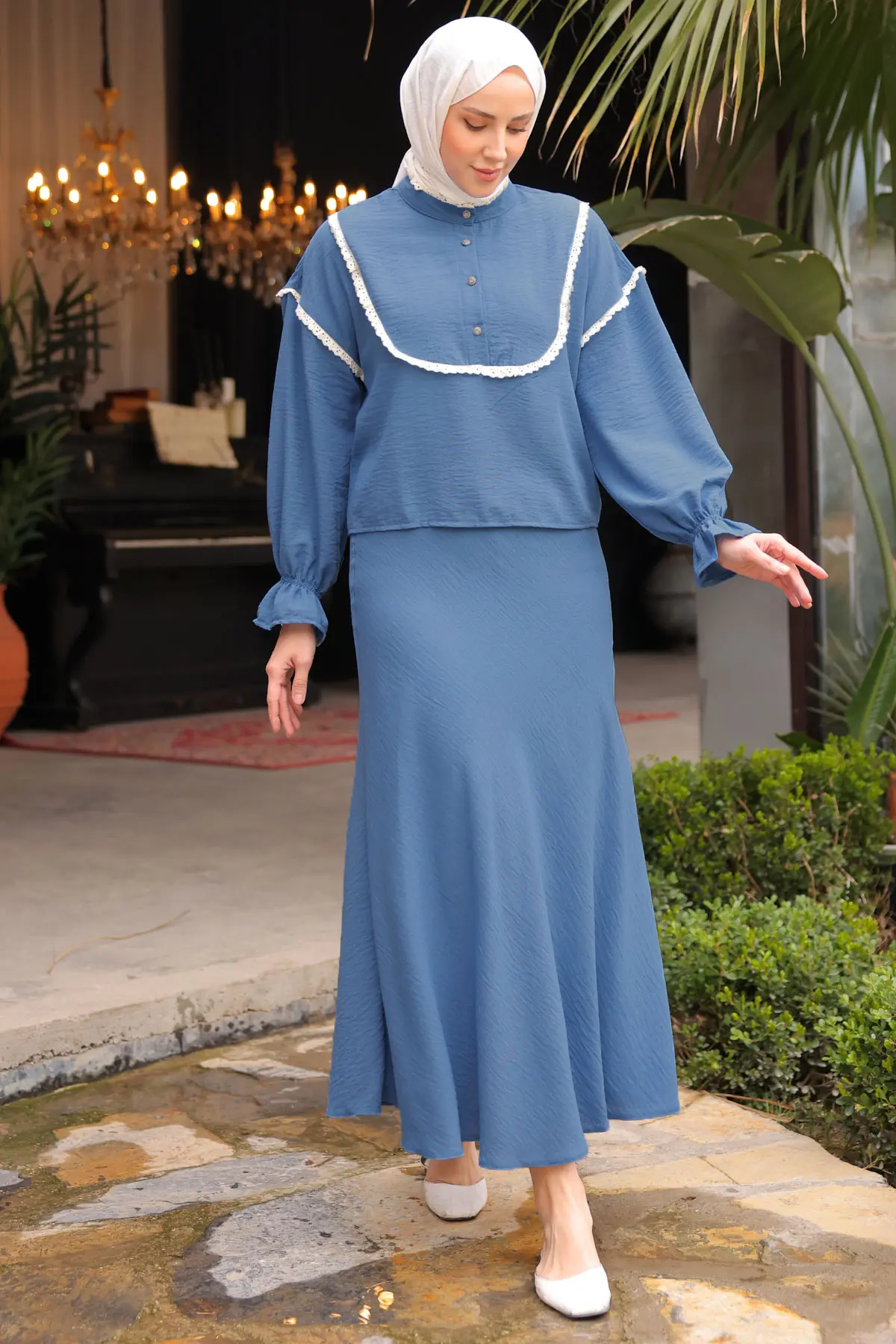 2078 Yakası Örgü Detaylı İkili Takım Mavi-detail