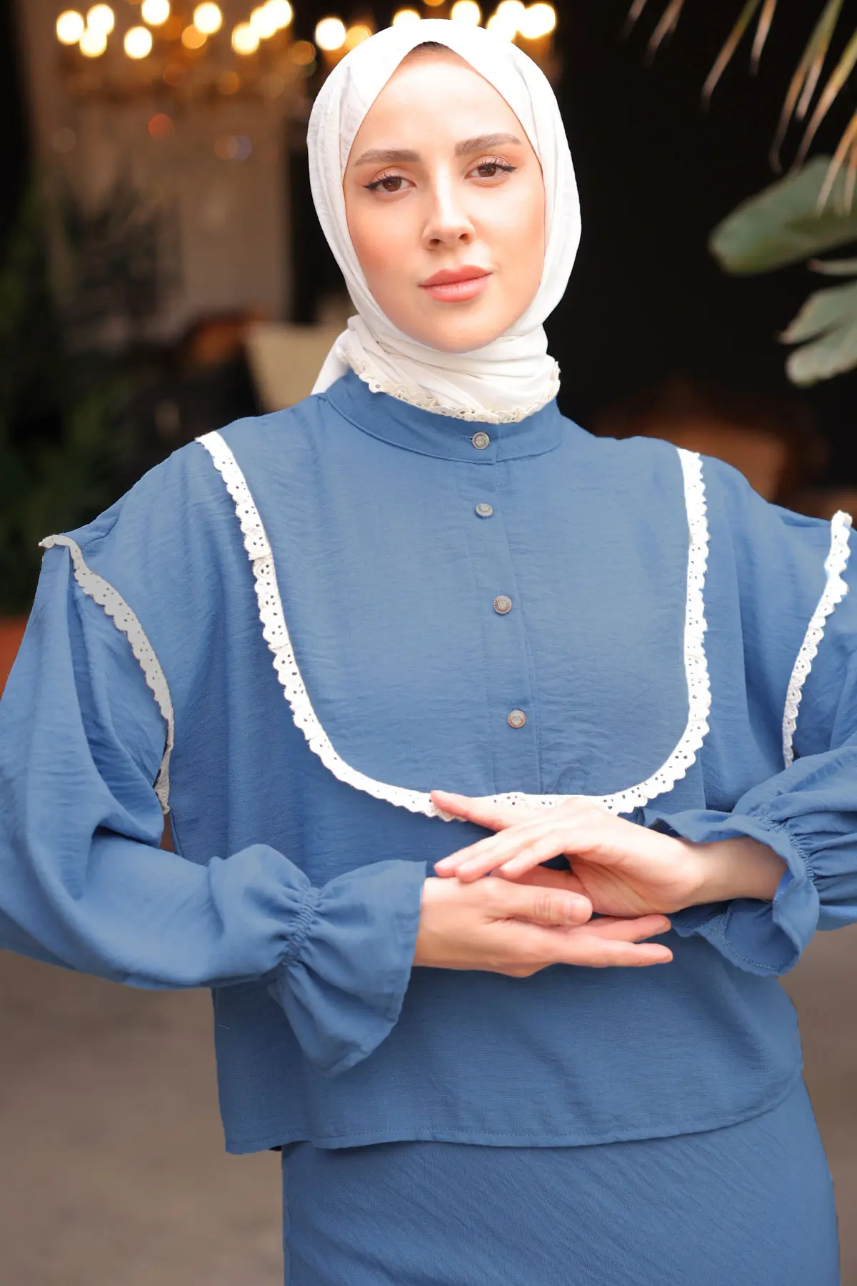 2078 Yakası Örgü Detaylı İkili Takım Mavi-detail