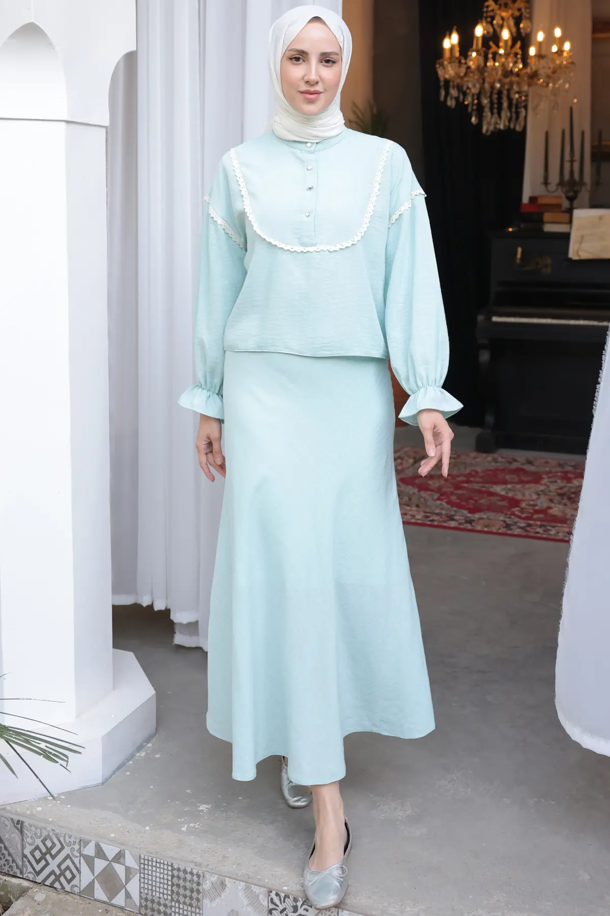 2078 Yakası Örgü Detaylı İkili Takım Mint Yeşili-detail