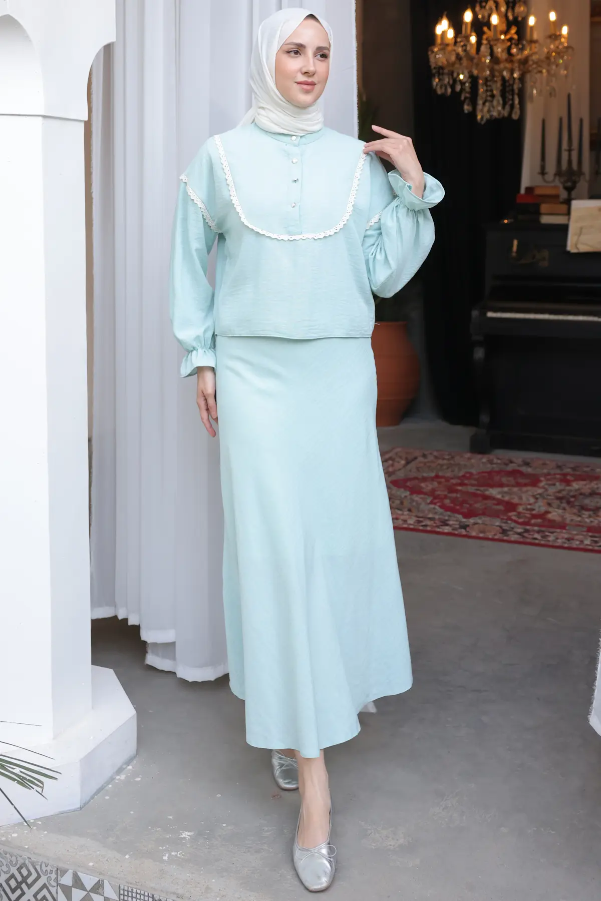 2078 Yakası Örgü Detaylı İkili Takım Mint Yeşili-detail