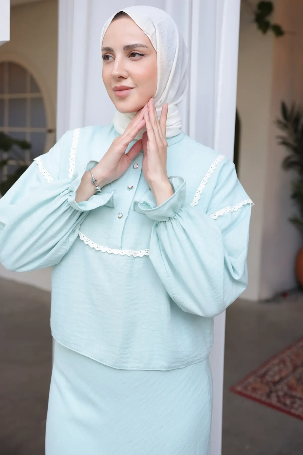 2078 Yakası Örgü Detaylı İkili Takım Mint Yeşili-detail