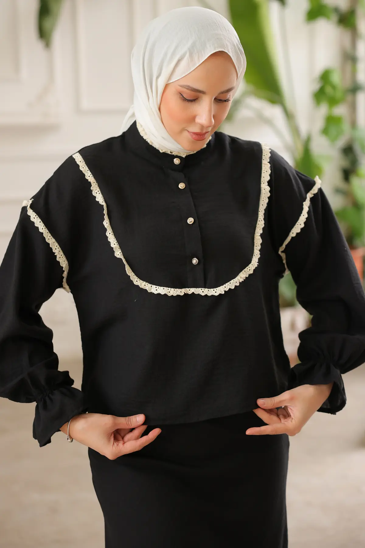 2078 Yakası Örgü Detaylı İkili Takım Siyah-detail