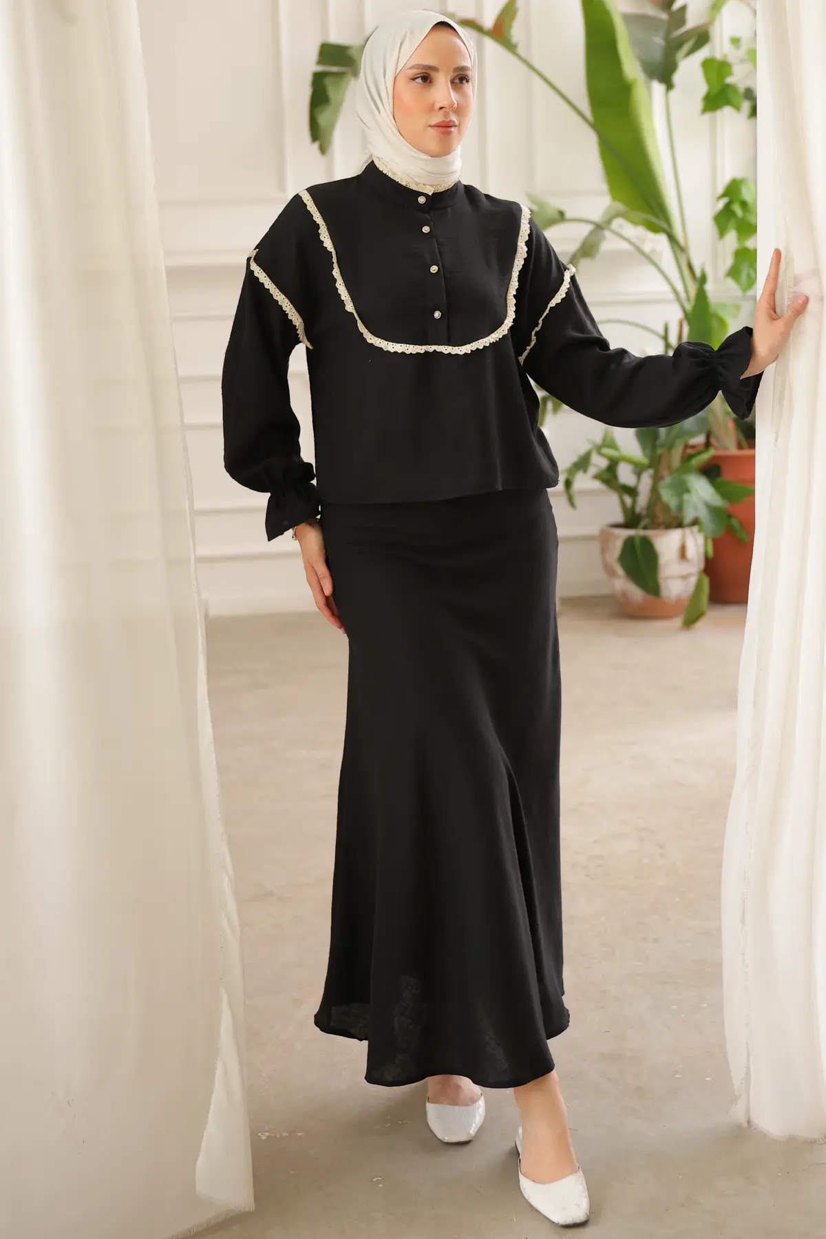 2078 Yakası Örgü Detaylı İkili Takım Siyah-detail