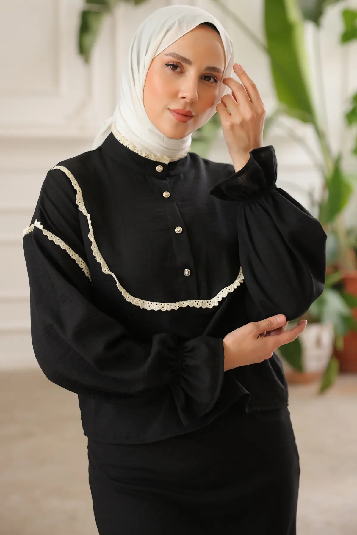 2078 Yakası Örgü Detaylı İkili Takım Siyah-detail