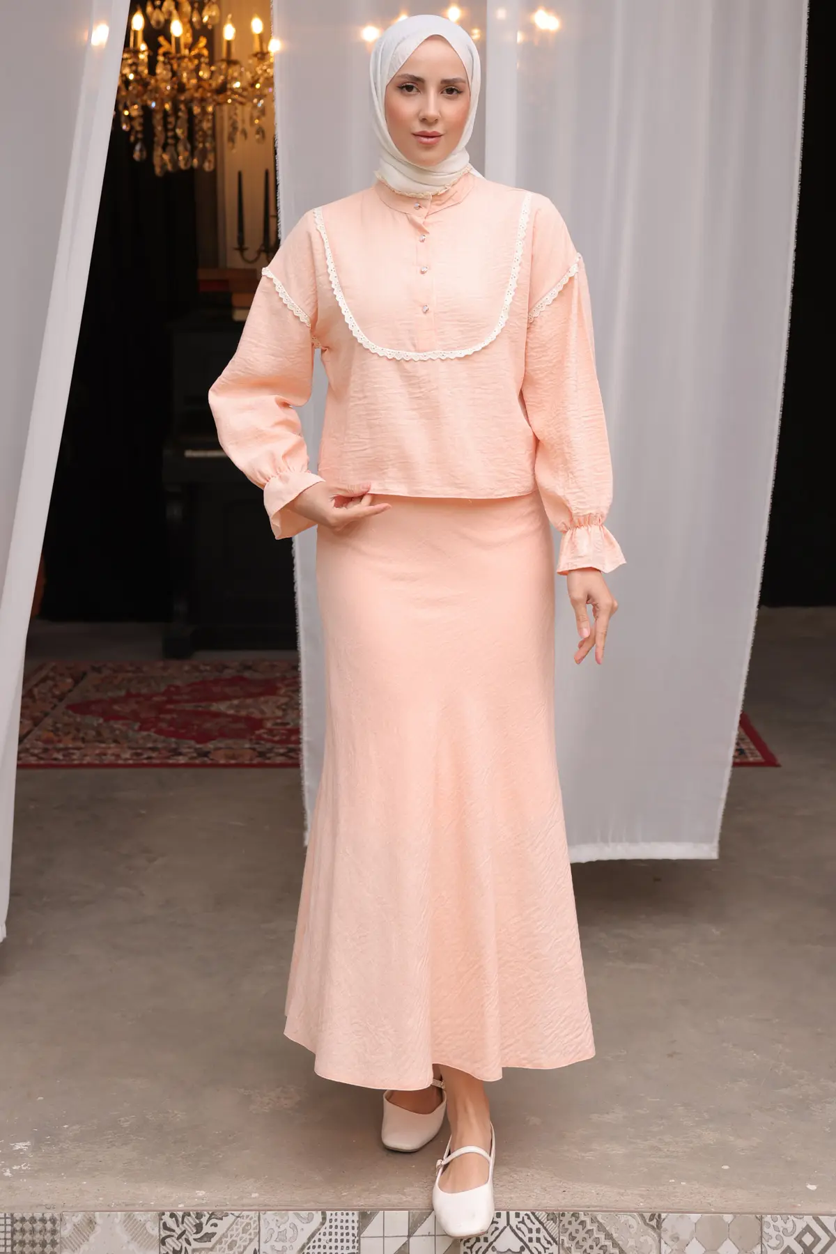 2078 Yakası Örgü Detaylı İkili Takım Somon-detail