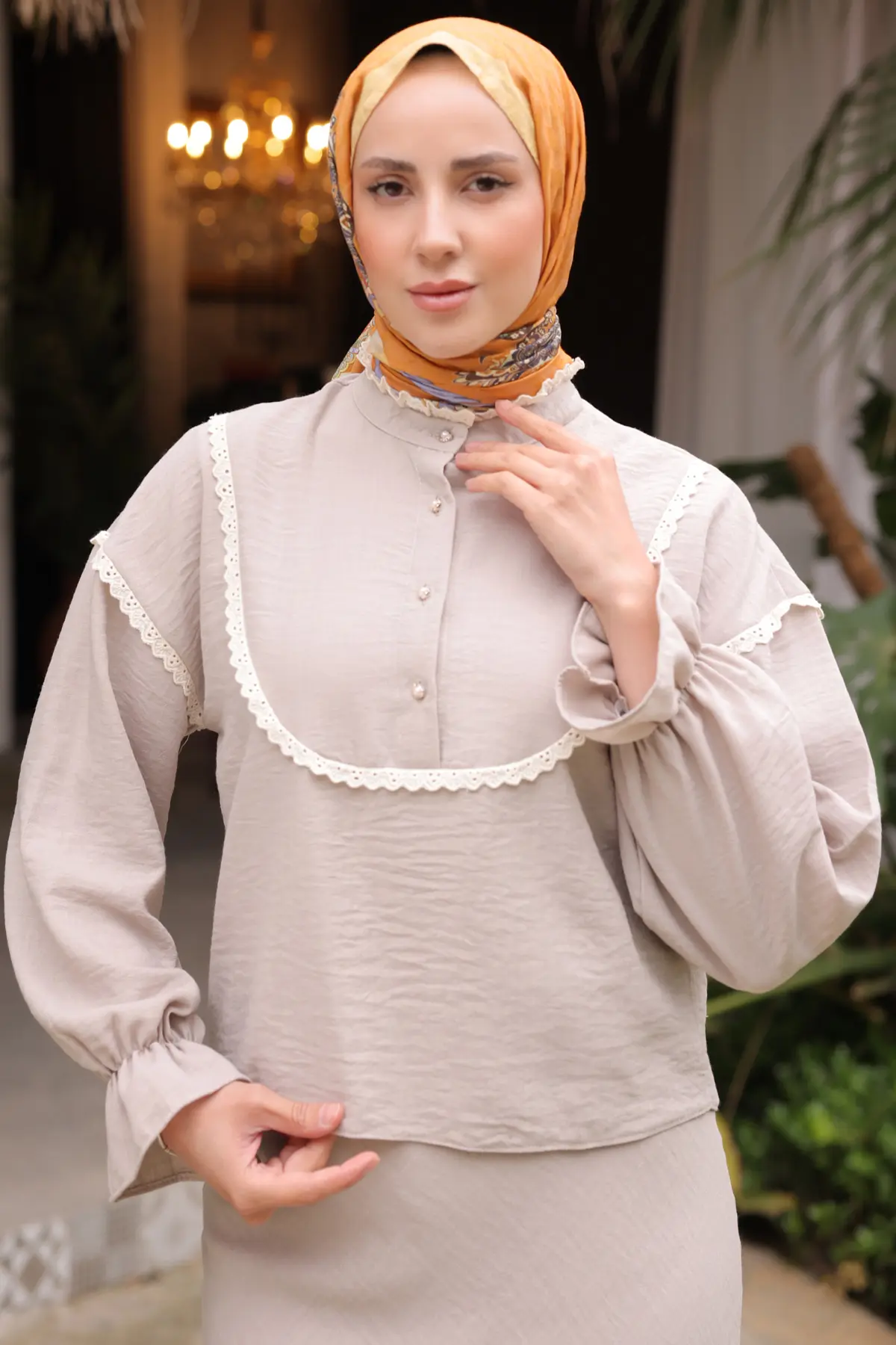 2078 Yakası Örgü Detaylı İkili Takım Vizon-detail