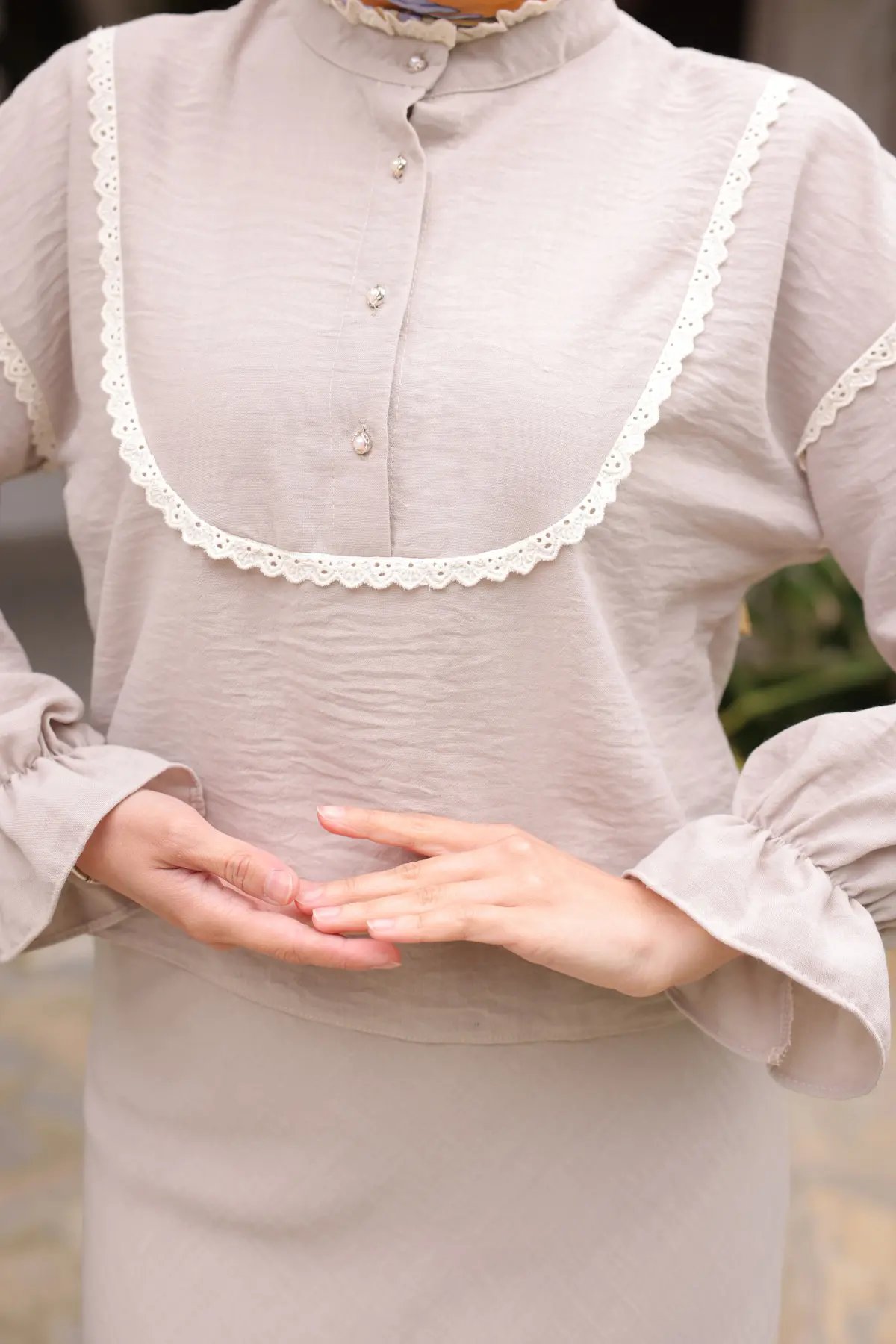 2078 Yakası Örgü Detaylı İkili Takım Vizon-detail