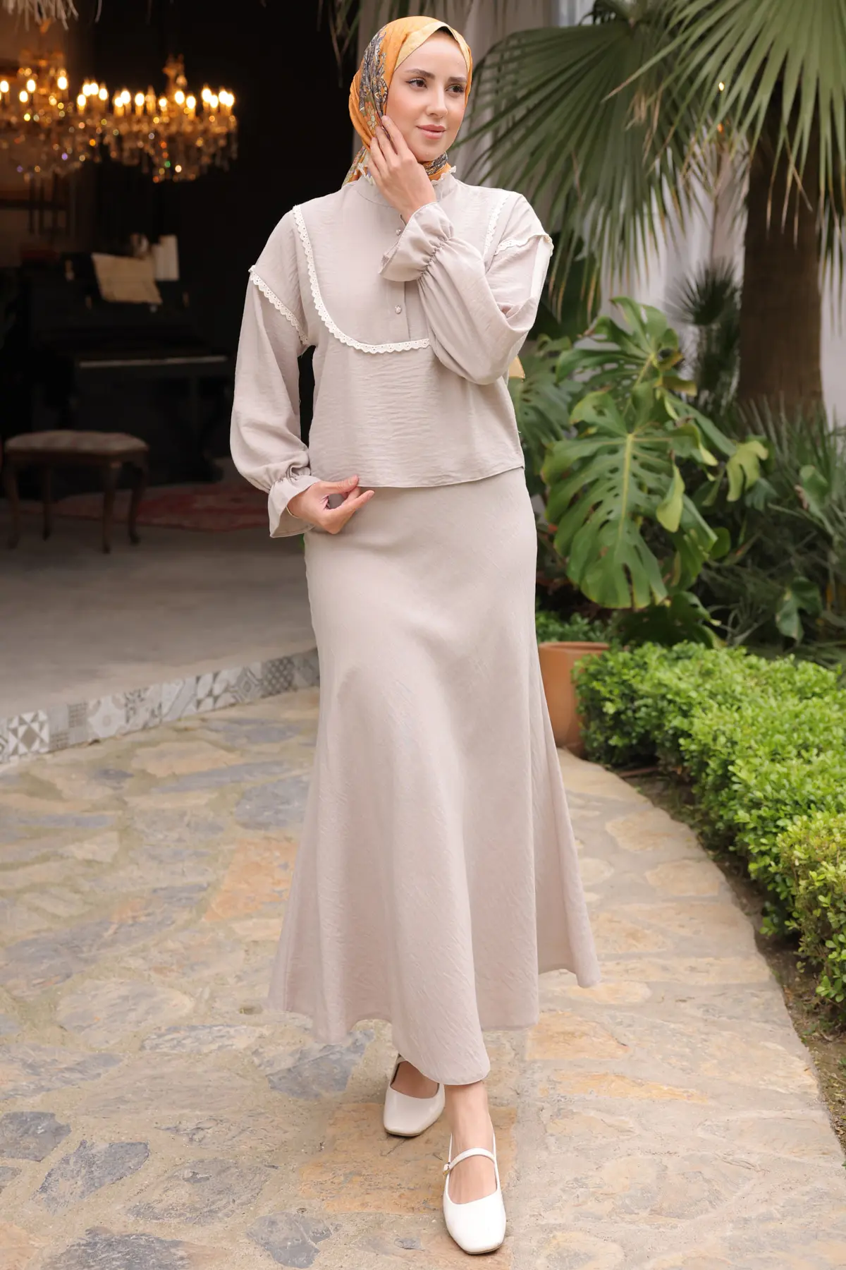 2078 Yakası Örgü Detaylı İkili Takım Vizon-detail