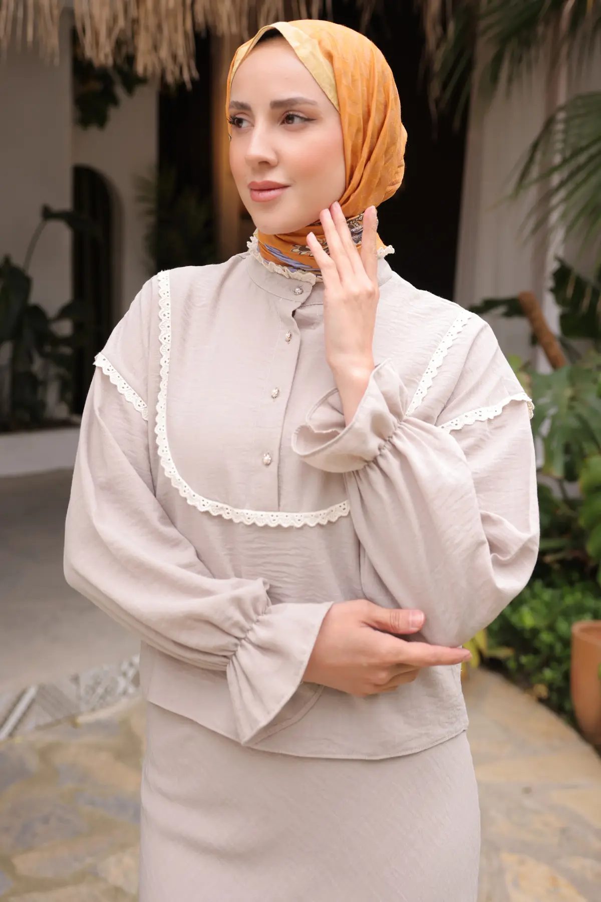 2078 Yakası Örgü Detaylı İkili Takım Vizon-detail