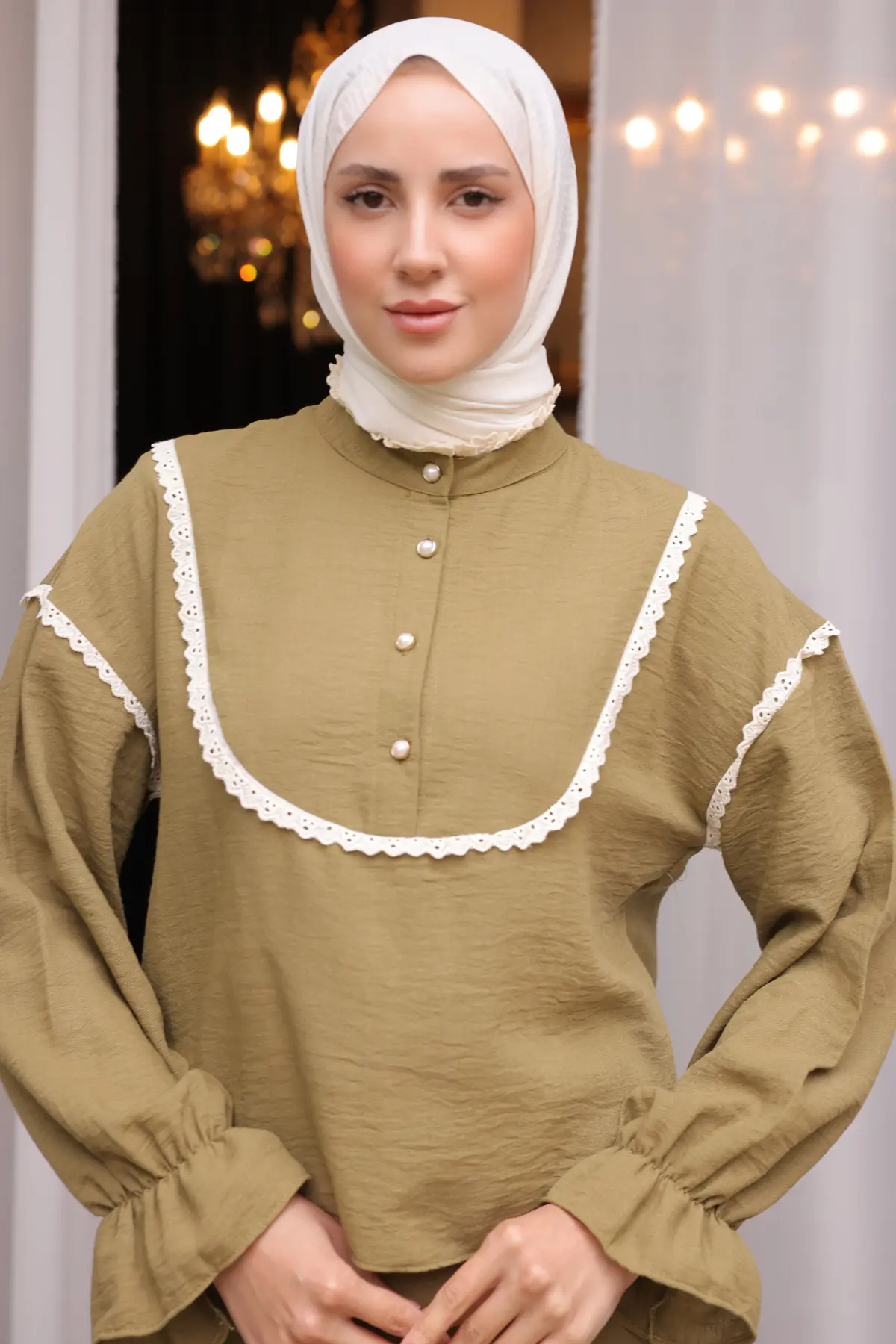 2078 Yakası Örgü Detaylı İkili Takım Yağ Yeşili-detail