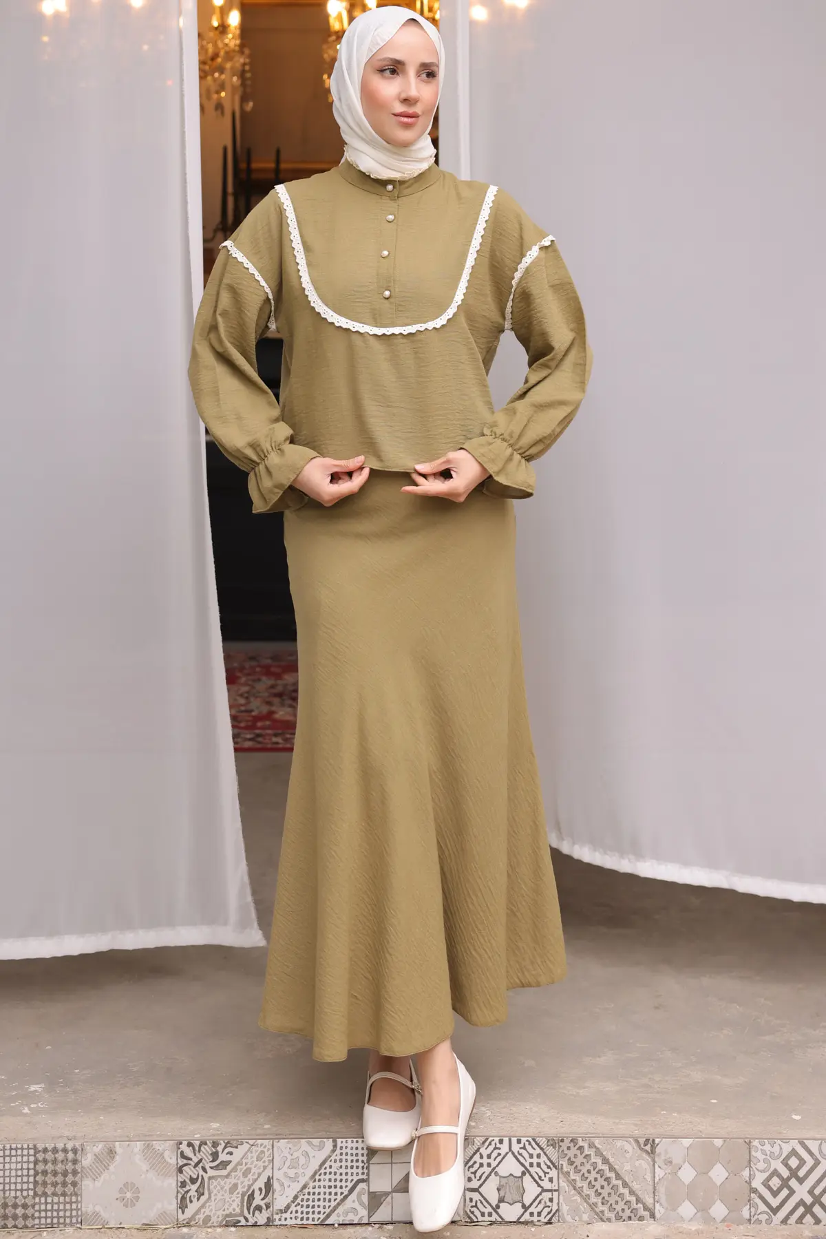 2078 Yakası Örgü Detaylı İkili Takım Yağ Yeşili-detail