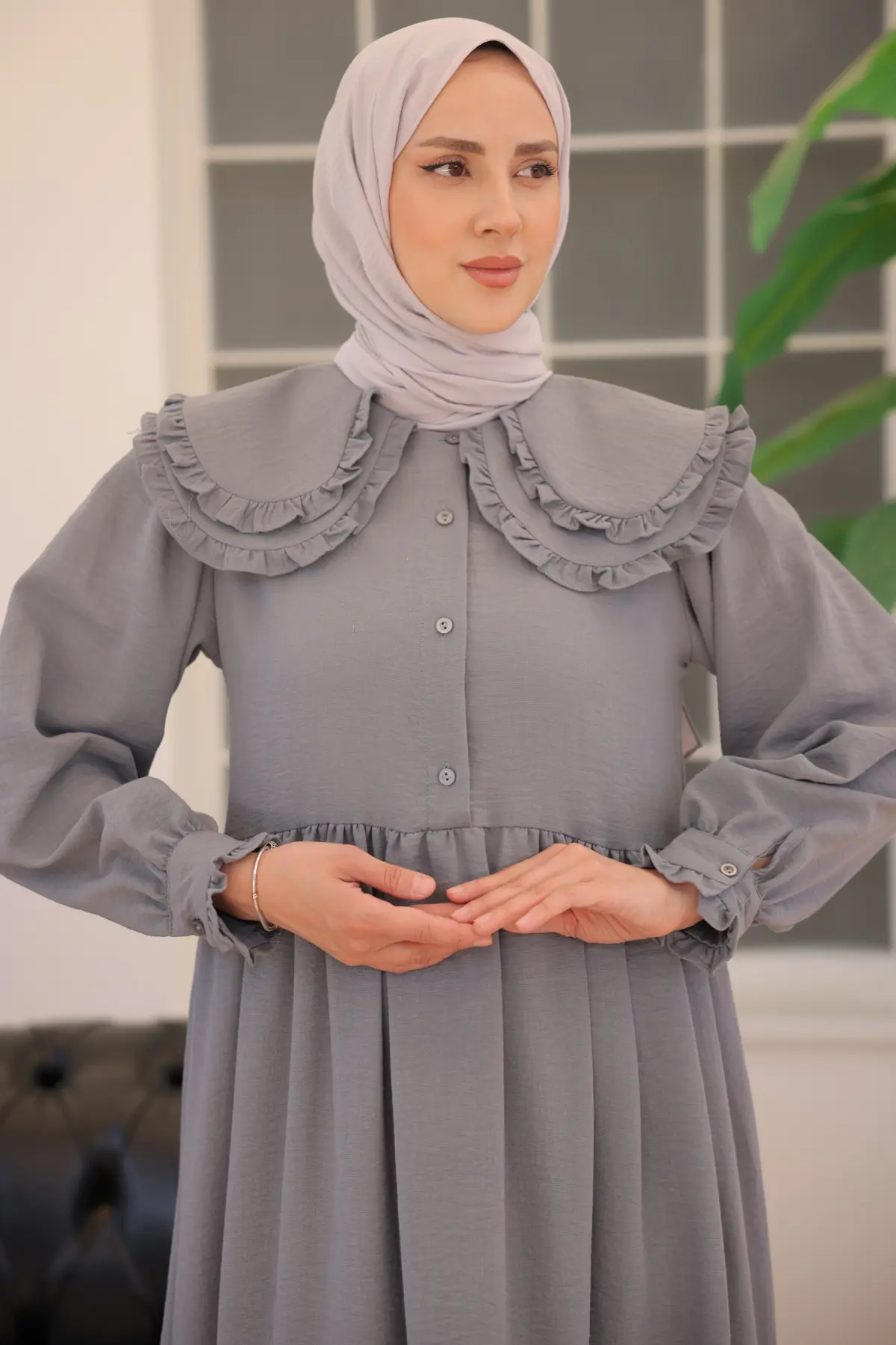 2079 Bebe Yaka Elbise Gri-detail