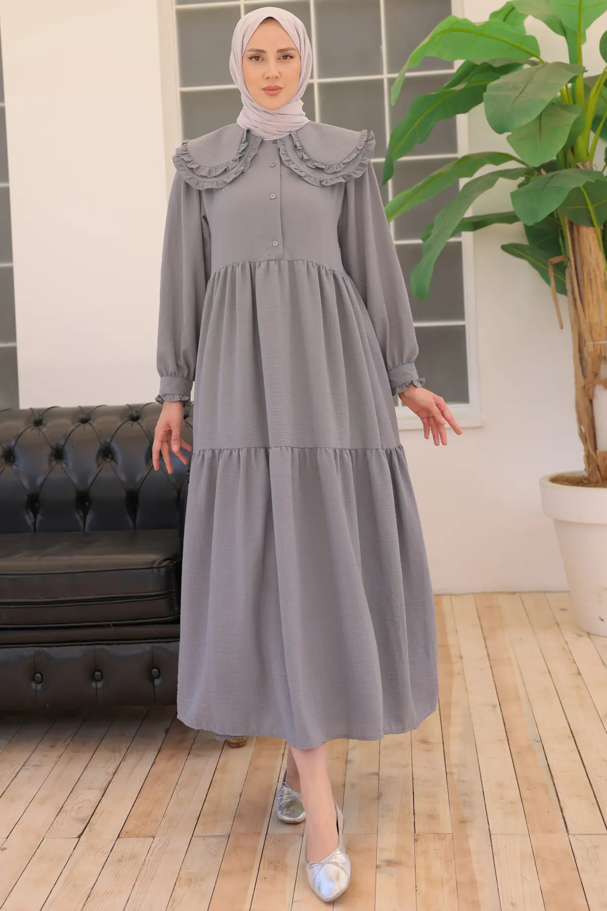 2079 Bebe Yaka Elbise Gri-detail