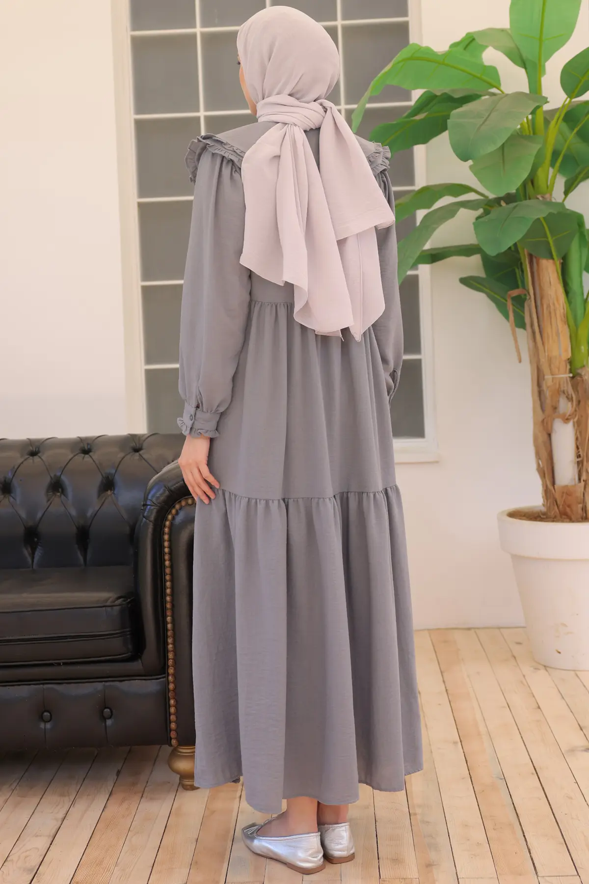 2079 Bebe Yaka Elbise Gri-detail