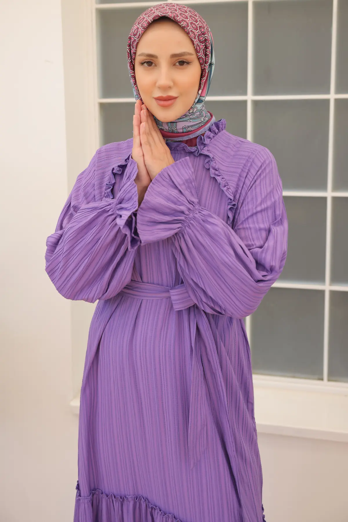 2084 Kuşaklı Fırfır Detaylı Elbise Lila-detail