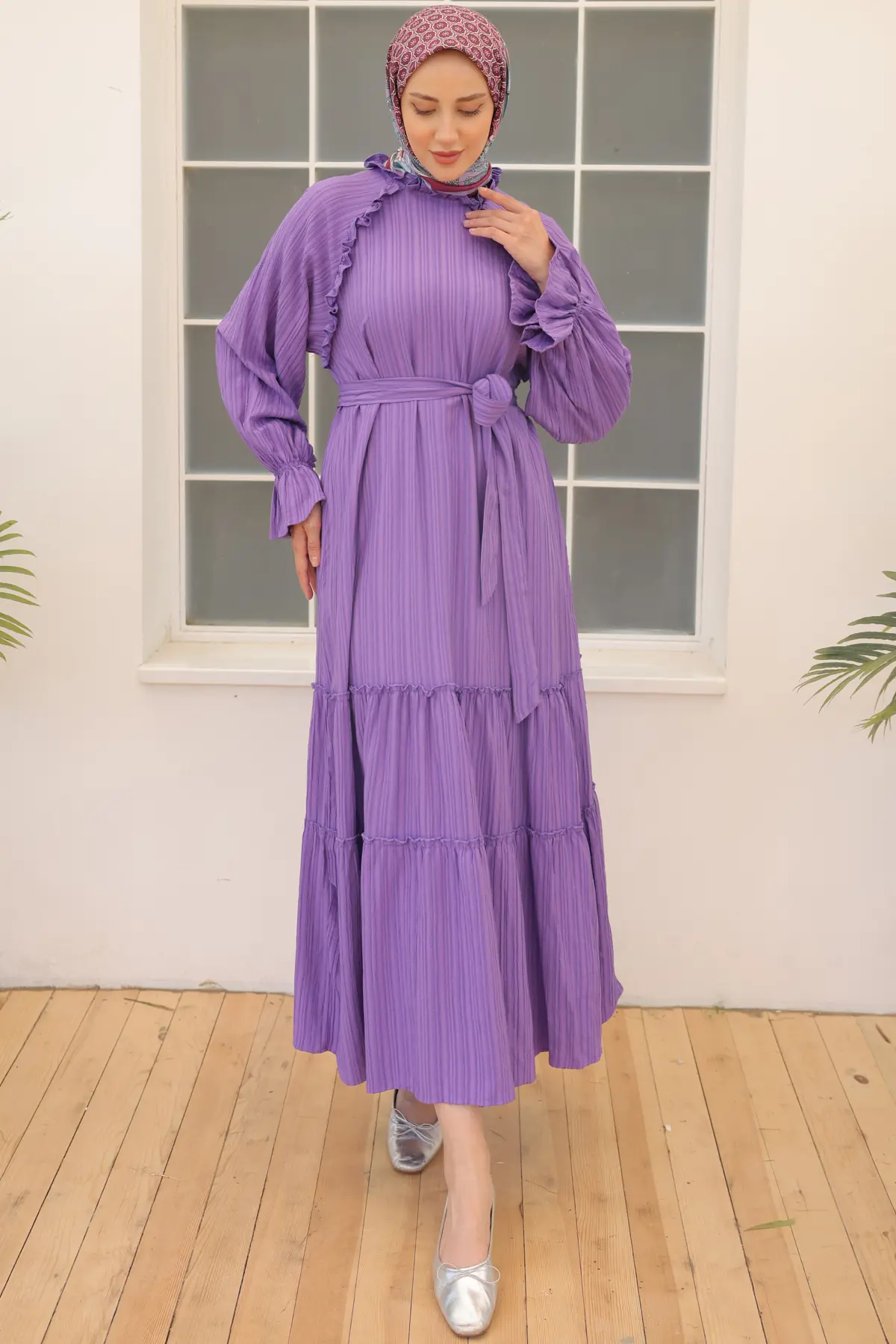 2084 Kuşaklı Fırfır Detaylı Elbise Lila-detail
