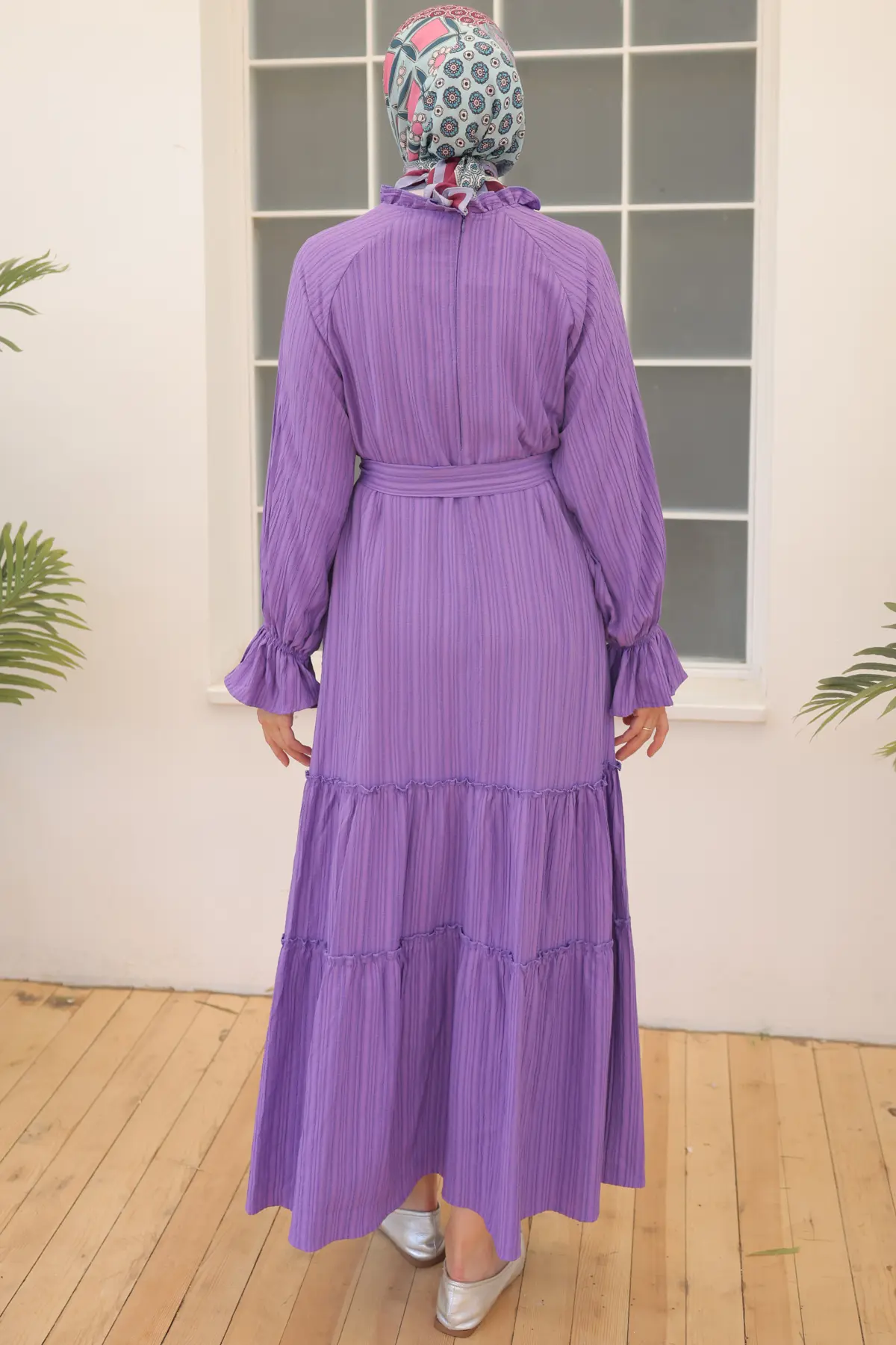 2084 Kuşaklı Fırfır Detaylı Elbise Lila-detail