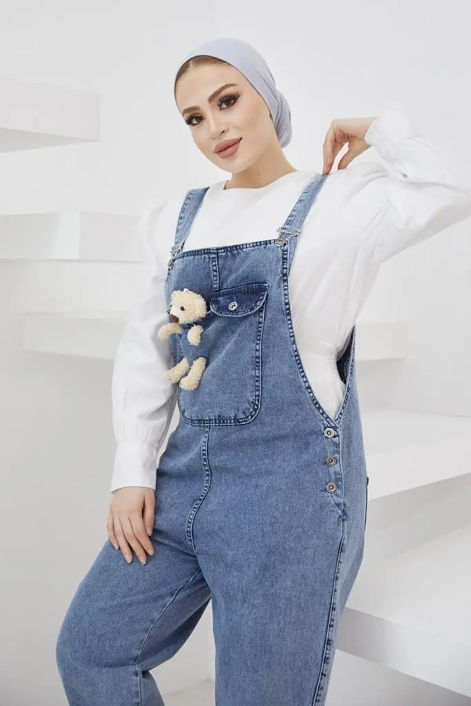 Blue Denim Overalls With Teddy Bear Accessory-detail
