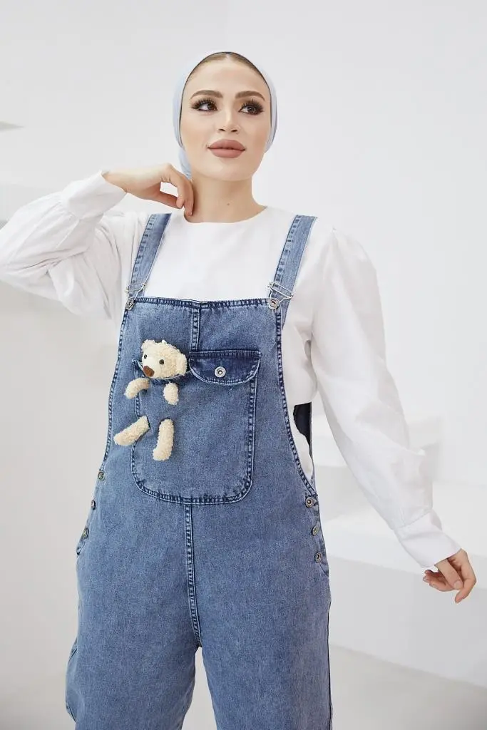 Blue Denim Overalls With Teddy Bear Accessory-detail