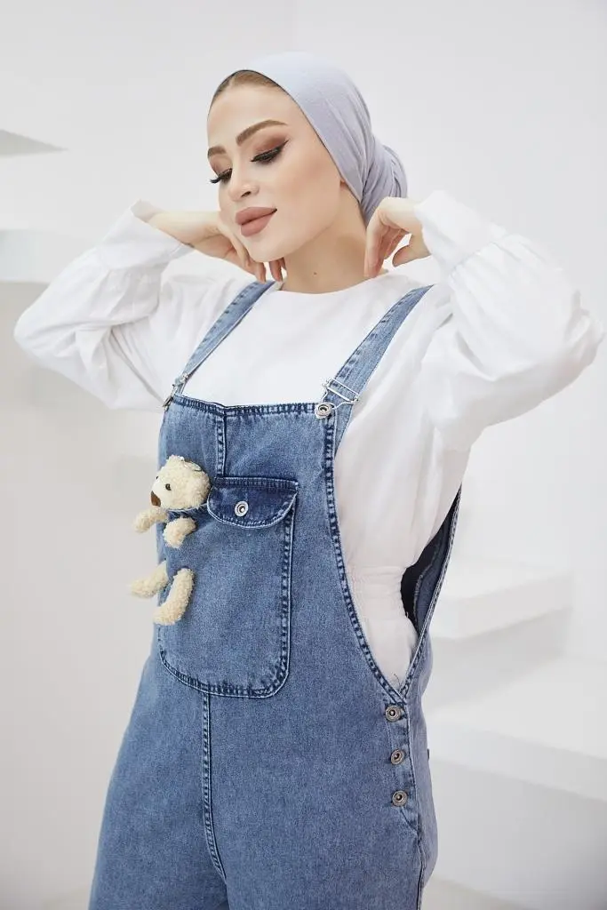 Blue Denim Overalls With Teddy Bear Accessory-detail